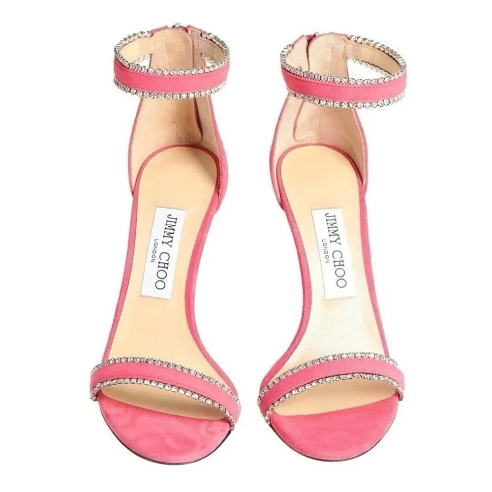 Jimmy Choo Dochas 100 Pink Suede Crystal Ankle Strap Sandals – Size 7 US ✨💖 - Picture 2 of 13